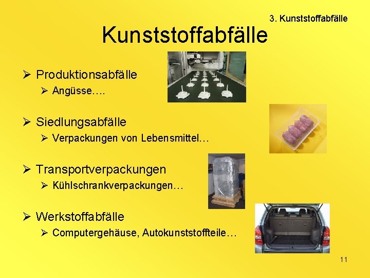 Kunststoffabfälle 3. Kunststoffabfälle Ø Produktionsabfälle Ø Angüsse…. Ø Siedlungsabfälle Ø Verpackungen von Lebensmittel… Ø