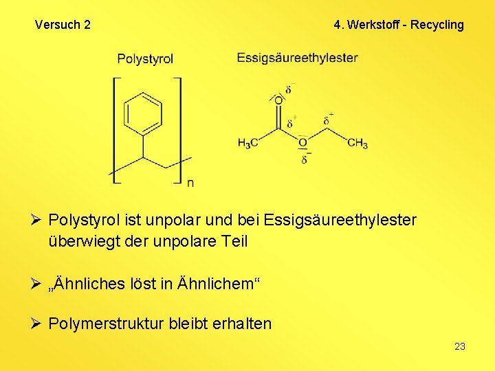 Versuch 2 4. Werkstoff - Recycling Ø Polystyrol ist unpolar und bei Essigsäureethylester überwiegt