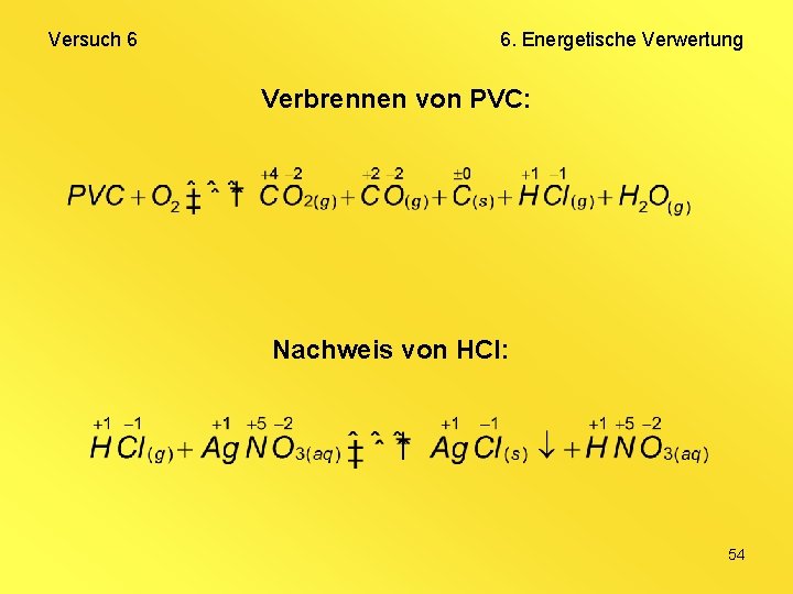 Versuch 6 6. Energetische Verwertung Verbrennen von PVC: Nachweis von HCl: 54 