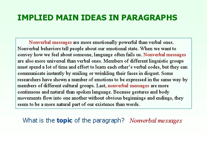 IMPLIED MAIN IDEAS IN PARAGRAPHS Nonverbal messages are more emotionally powerful than verbal ones.