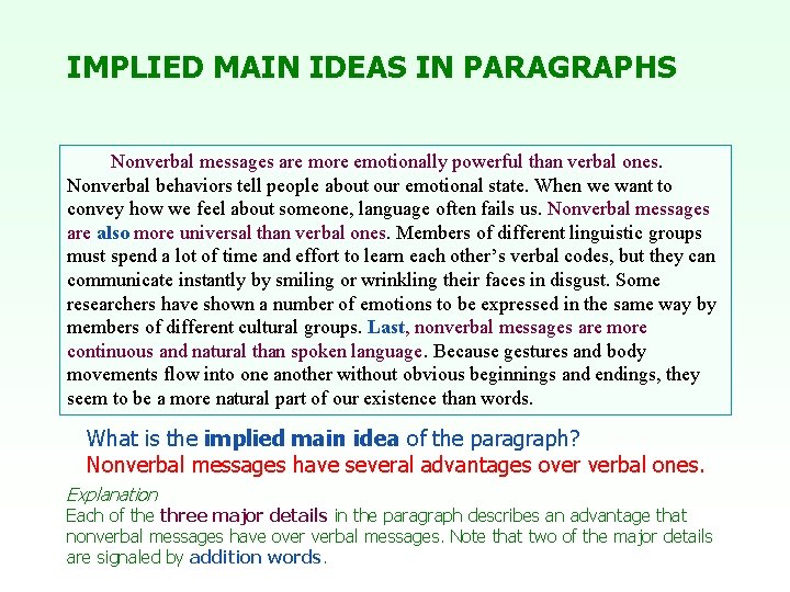 IMPLIED MAIN IDEAS IN PARAGRAPHS Nonverbal messages are more emotionally powerful than verbal ones.