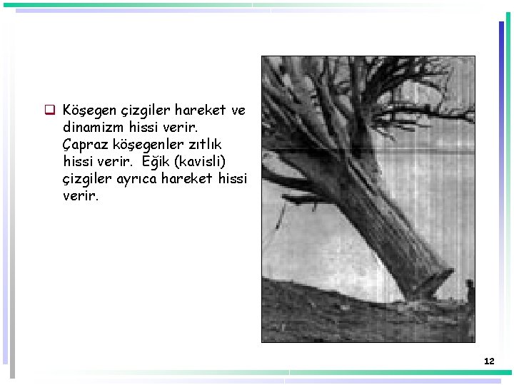 q Köşegen çizgiler hareket ve dinamizm hissi verir. Çapraz köşegenler zıtlık hissi verir. Eğik