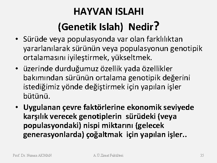 HAYVAN ISLAHI (Genetik Islah) Nedir? • Sürüde veya populasyonda var olan farklılıktan yararlanılarak sürünün