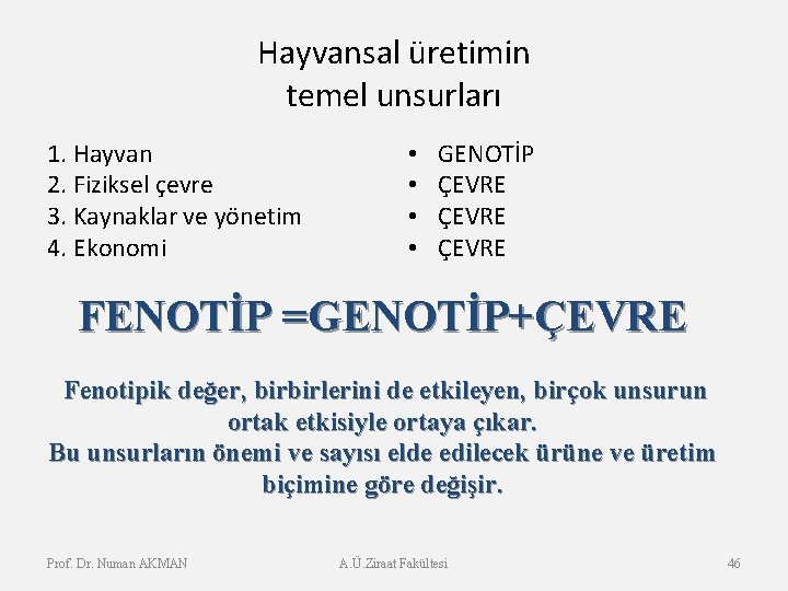 Hayvansal üretimin temel unsurları 1. Hayvan 2. Fiziksel çevre 3. Kaynaklar ve yönetim 4.