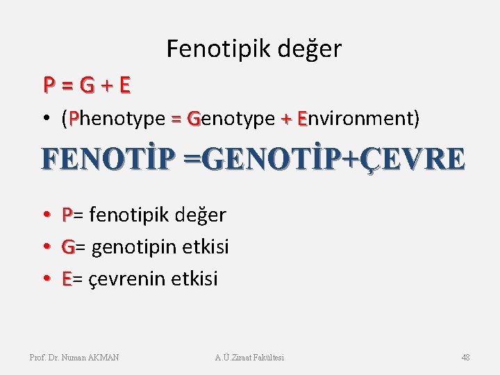 Fenotipik değer P = G + E • (Phenotype = Genotype + Environment) =