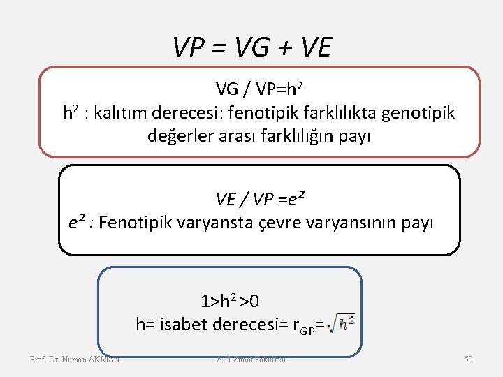 VP = VG + VE VG / VP=h 2 : kalıtım derecesi: fenotipik farklılıkta