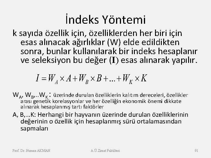 İndeks Yöntemi k sayıda özellik için, özelliklerden her biri için esas alınacak ağırlıklar (W)