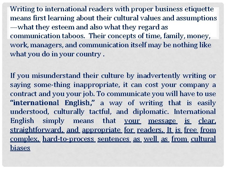 Writing to international readers with proper business etiquette means first learning about their cultural