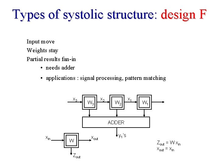 Types of systolic structure: design F Input move Weights stay Partial results fan-in •