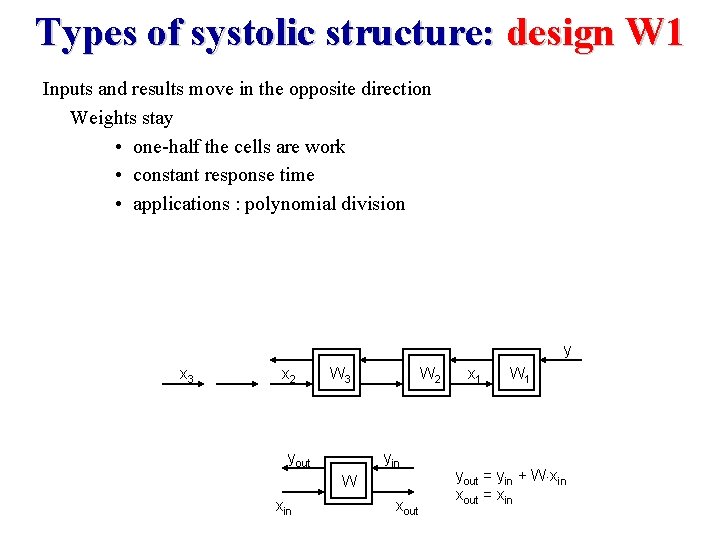 Types of systolic structure: design W 1 Inputs and results move in the opposite