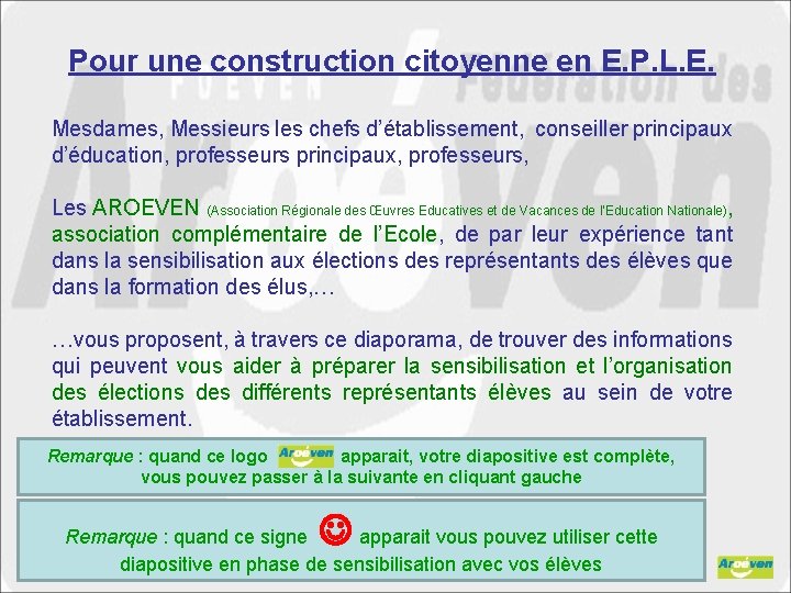 Pour une construction citoyenne en E. P. L. E. Mesdames, Messieurs les chefs d’établissement,