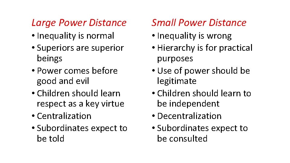 Large Power Distance Small Power Distance • Inequality is normal • Superiors are superior