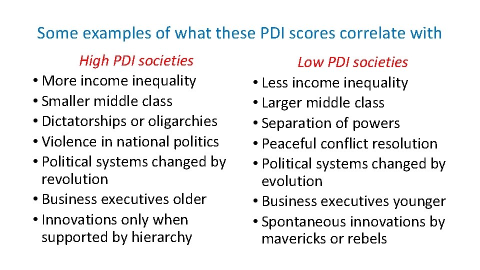 Some examples of what these PDI scores correlate with High PDI societies • More