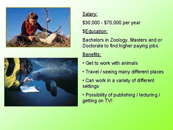 Salary: $30, 000 - $70, 000 per year $Education: Bachelors in Zoology, Masters and