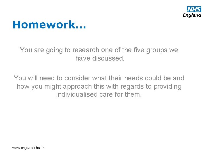 Homework… You are going to research one of the five groups we have discussed.