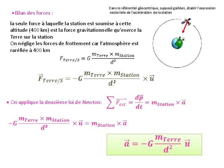 Bilan des forces : Dans le référentiel géocentrique, supposé galiléen, établir l’expression vectorielle Bilan des forces : Dans le référentiel géocentrique, supposé galiléen, établir l’expression vectorielle