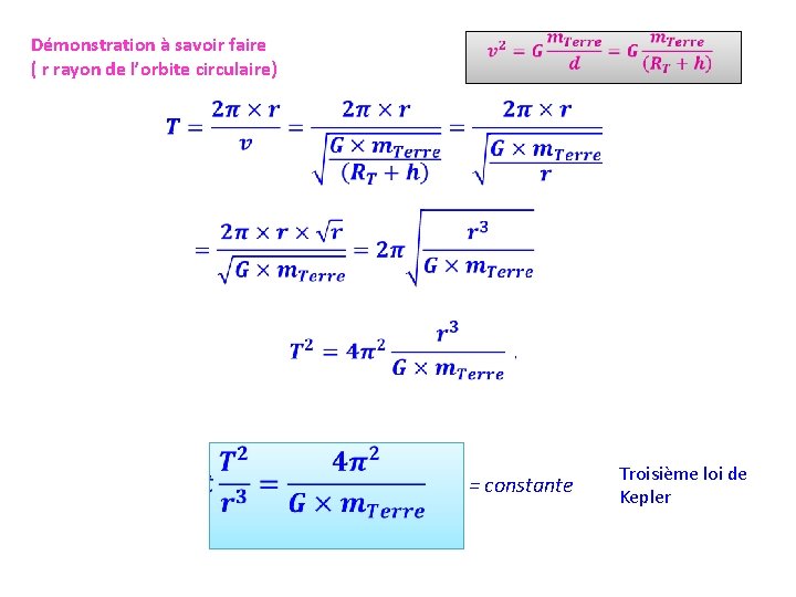 Démonstration à savoir faire ( r rayon de l’orbite circulaire) = constante Troisième loi Démonstration à savoir faire ( r rayon de l’orbite circulaire) = constante Troisième loi