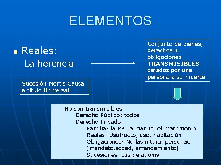 ELEMENTOS n Reales: La herencia Conjunto de bienes, derechos u obligaciones TRANSMISIBLES dejados por