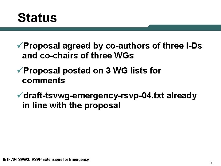 Status üProposal agreed by co-authors of three I-Ds and co-chairs of three WGs üProposal