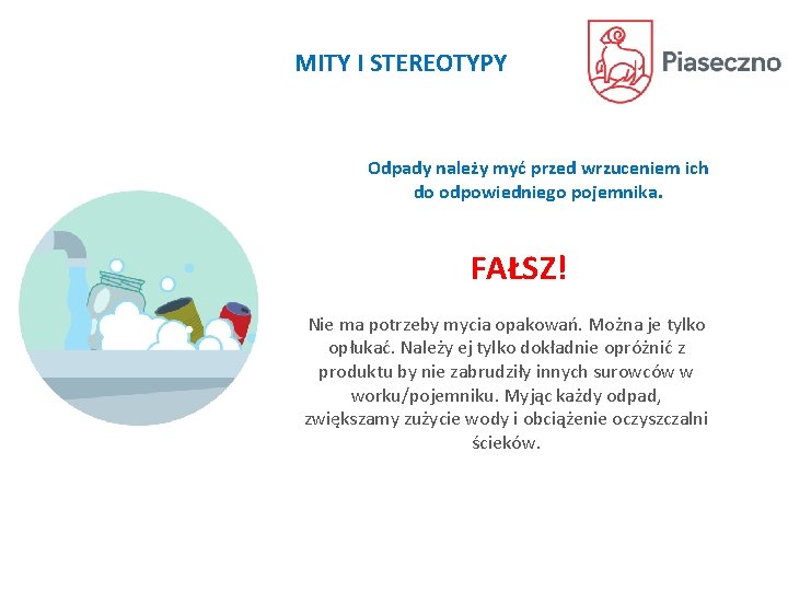 MITY I STEREOTYPY Odpady należy myć przed wrzuceniem ich do odpowiedniego pojemnika. FAŁSZ! Nie