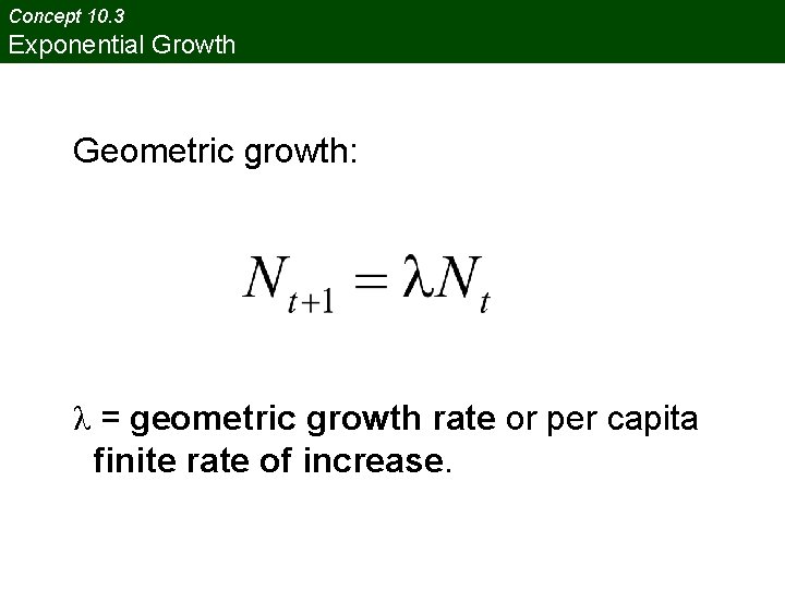 Concept 10. 3 Exponential Growth Geometric growth: λ = geometric growth rate or per