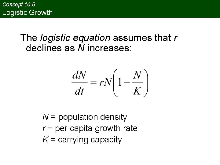 Concept 10. 5 Logistic Growth The logistic equation assumes that r declines as N