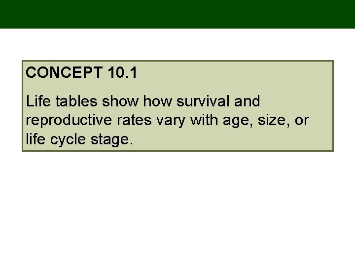 CONCEPT 10. 1 Life tables show survival and reproductive rates vary with age, size,