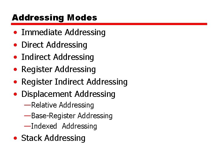 Addressing Modes • • • Immediate Addressing Direct Addressing Indirect Addressing Register Indirect Addressing