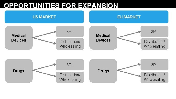 OPPORTUNITIES FOR EXPANSION US MARKET Medical Devices EU MARKET 3 PL Distribution/ Wholesaling Medical