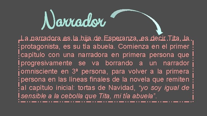 Narrador La narradora es la hija de Esperanza, es decir Tita, la protagonista, es