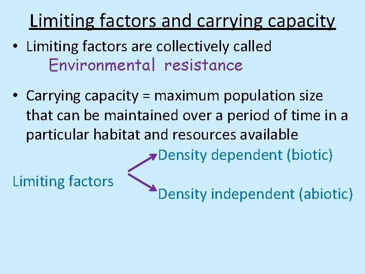 Limiting factors and carrying capacity • Limiting factors are collectively called Environmental resistance •