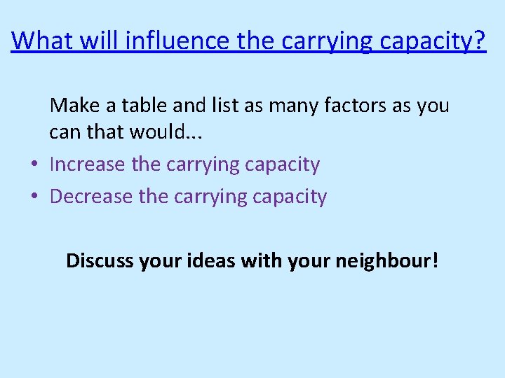 What will influence the carrying capacity? Make a table and list as many factors