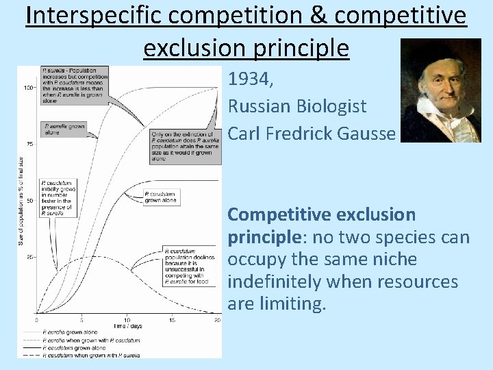 Interspecific competition & competitive exclusion principle 1934, Russian Biologist Carl Fredrick Gausse Competitive exclusion