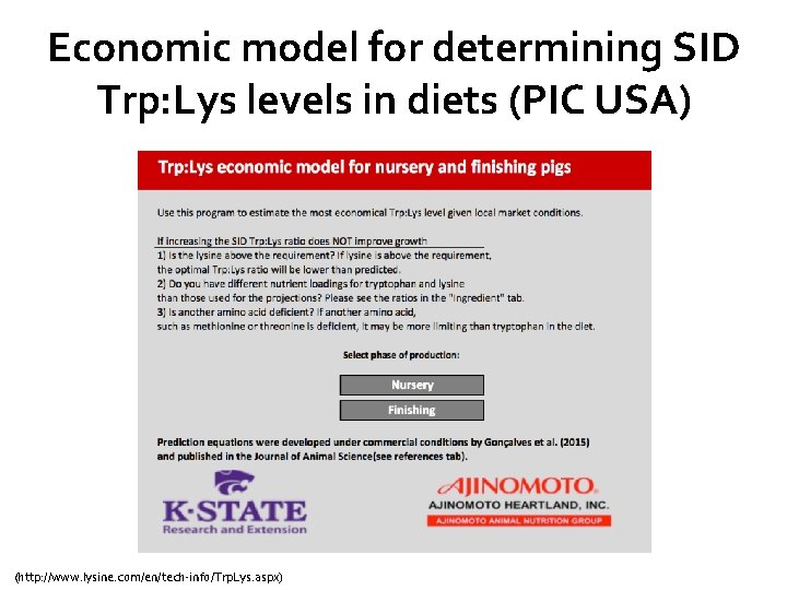 Economic model for determining SID Trp: Lys levels in diets (PIC USA) (http: //www.