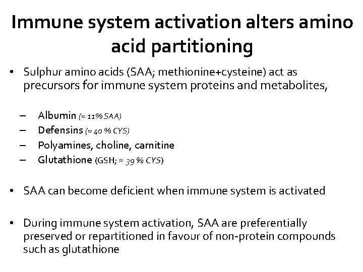 Immune system activation alters amino acid partitioning • Sulphur amino acids (SAA; methionine+cysteine) act