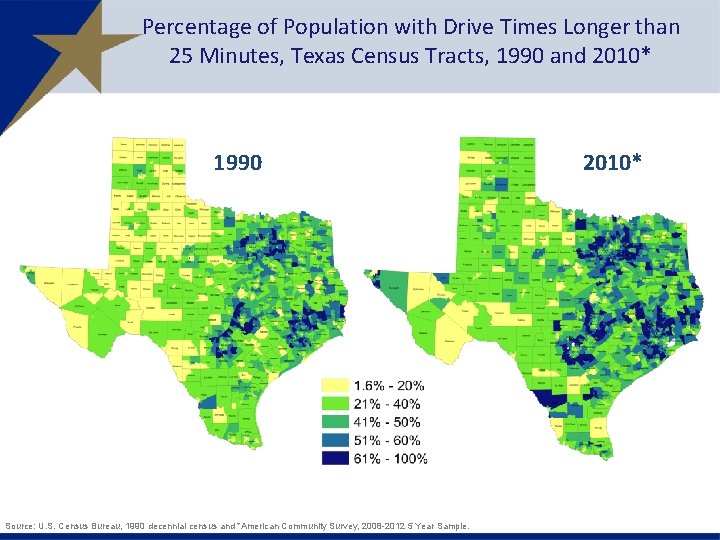 Percentage of Population with Drive Times Longer than 25 Minutes, Texas Census Tracts, 1990