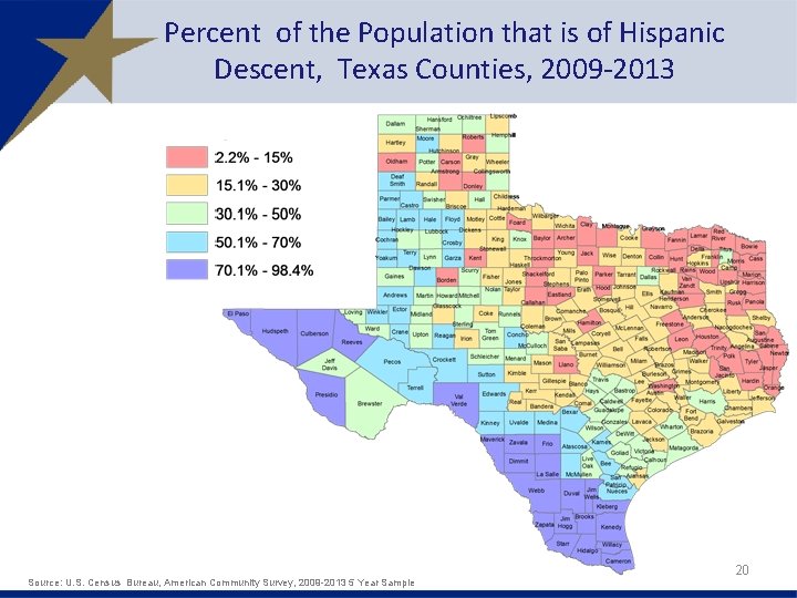 Percent of the Population that is of Hispanic Descent, Texas Counties, 2009 -2013 Source: