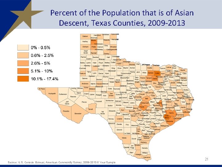 Percent of the Population that is of Asian Descent, Texas Counties, 2009 -2013 Source: