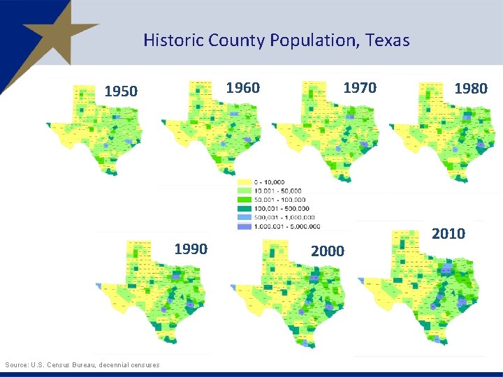Historic County Population, Texas 1960 1950 1990 Source: U. S. Census Bureau, decennial censuses