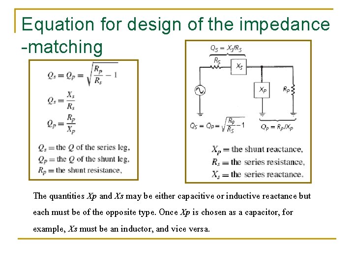 Equation for design of the impedance -matching The quantities Xp and Xs may be