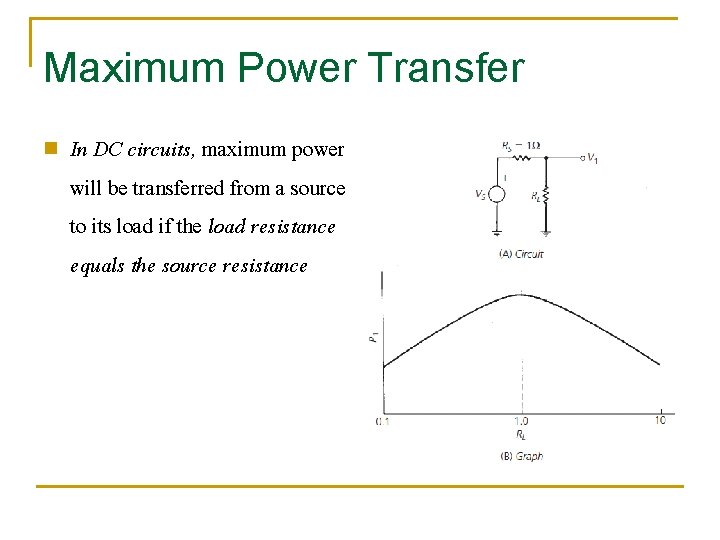 Maximum Power Transfer n In DC circuits, maximum power will be transferred from a