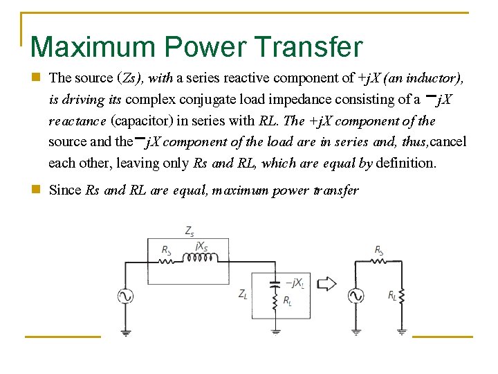 Maximum Power Transfer n n The source (Zs), with a series reactive component of