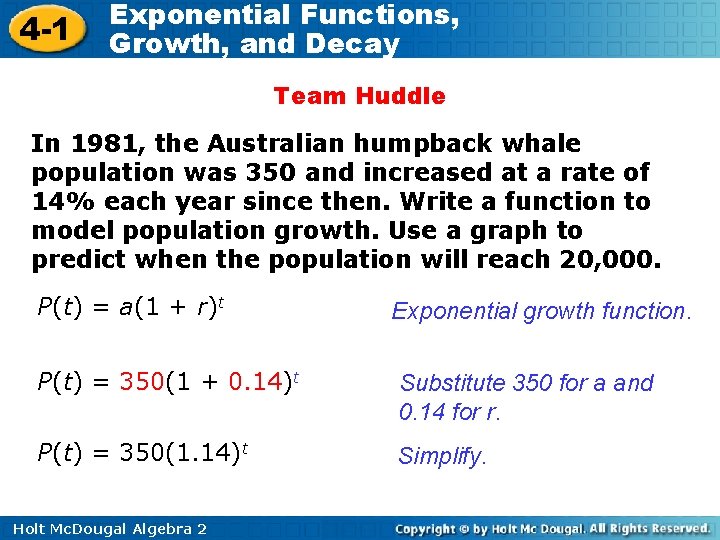 4 -1 Exponential Functions, Growth, and Decay Team Huddle In 1981, the Australian humpback