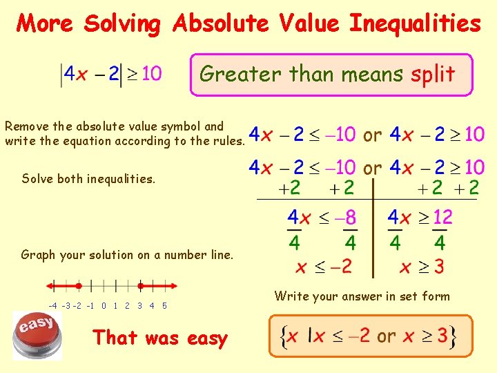 More Solving Absolute Value Inequalities Greater than means split Remove the absolute value symbol