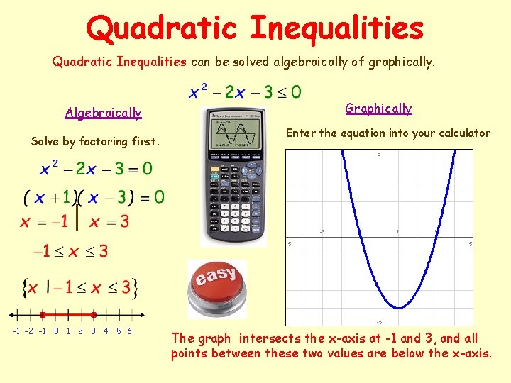 Quadratic Inequalities can be solved algebraically of graphically. Algebraically Solve by factoring first. -1