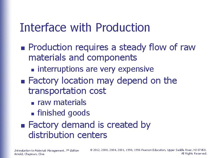Interface with Production n Production requires a steady flow of raw materials and components