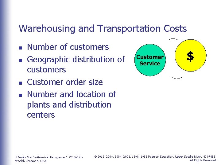 Warehousing and Transportation Costs n n Number of customers Geographic distribution of customers Customer