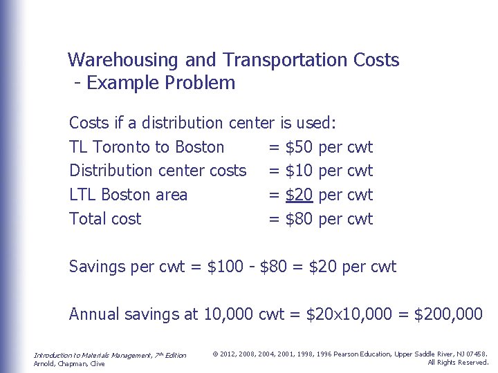 Warehousing and Transportation Costs - Example Problem Costs if a distribution center is used: