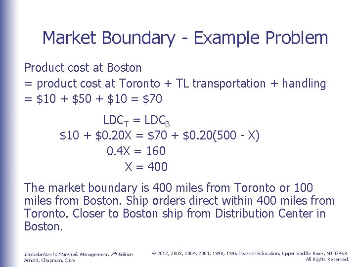 Market Boundary - Example Problem Product cost at Boston = product cost at Toronto