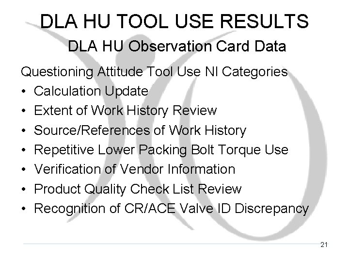 DLA HU TOOL USE RESULTS DLA HU Observation Card Data Questioning Attitude Tool Use